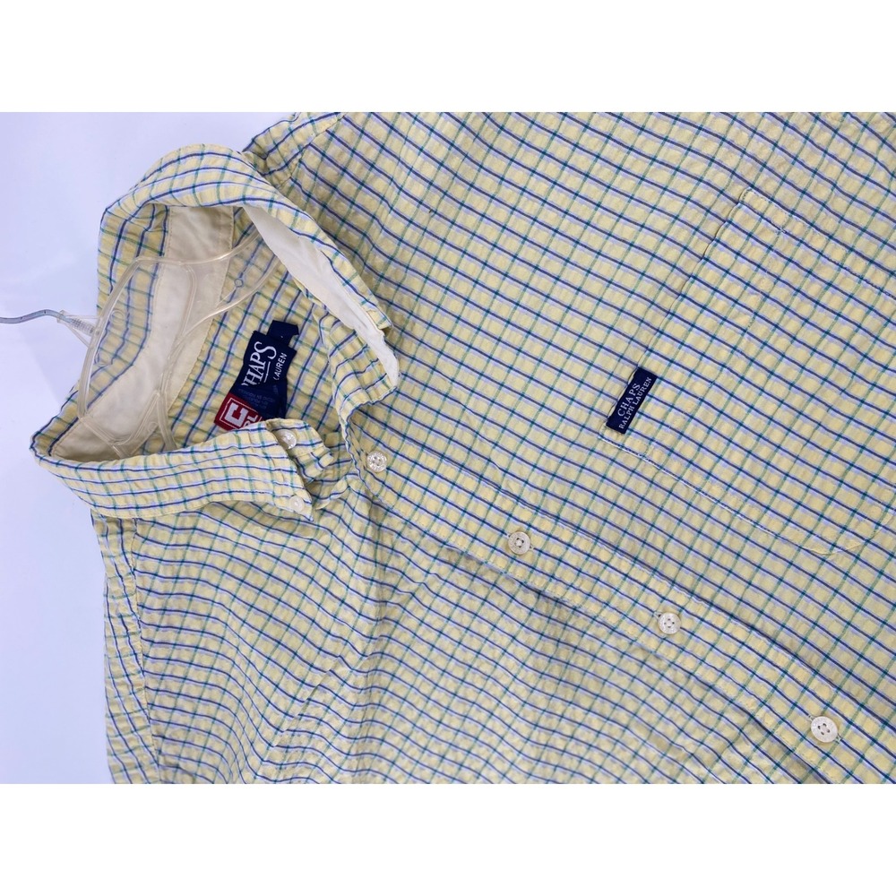 Chaps Ralph Lauren Mens XL Seersucker Plaid SS Button Down Shirt Yellow - Picture 8 of 8